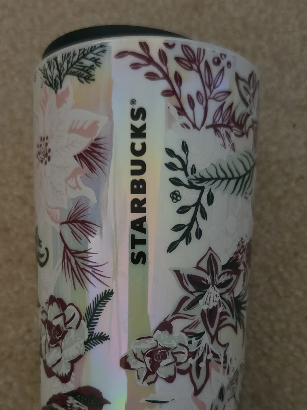 Starbucks 2022 Winter Pink Iridescent Tumbler with Burgundy Floral Design